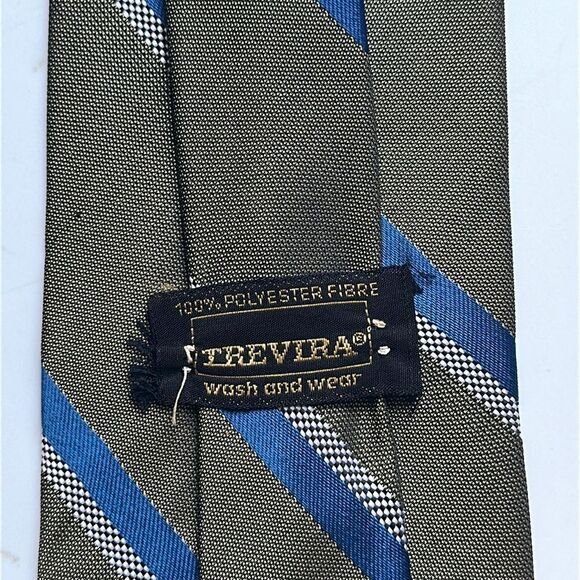 Vintage 60s/70s Trevira green, blue & white diagonal stripe polyester tie - Picture 4 of 5